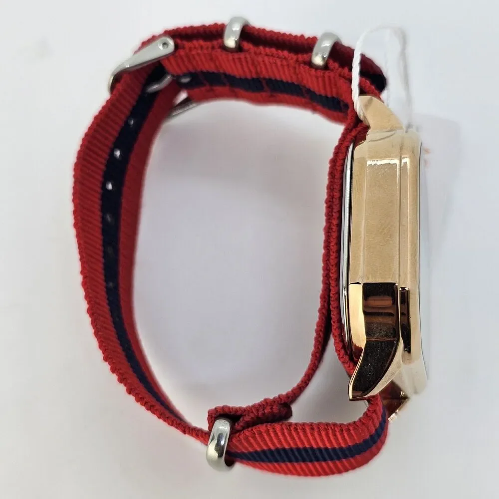 Men's Watch‎ 42MM Black Dial Gold Case Date Indicator Red Blue Canvas Band Strap